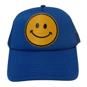 Smiley Face Hat Blue Adjustable Snapback Trucker Cap Foam‎ Front Mesh Happy